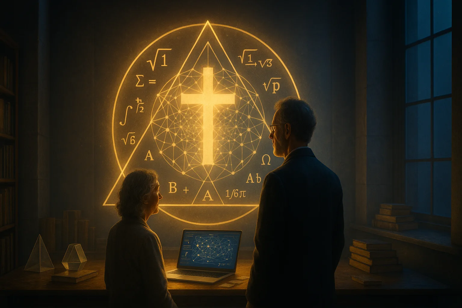 Ilustrasi sinergi antara ilmu dan iman: tangan manusia menyentuh cahaya berbentuk simbol matematika dan salib, menggambarkan makna “Ilmu, Iman, dan Logika yang Menyatu.”